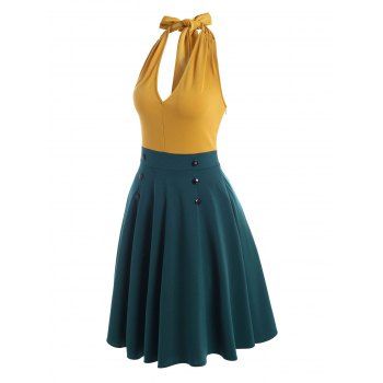 

Halter Two Tone Backless Sailor Button Dress, Yellow