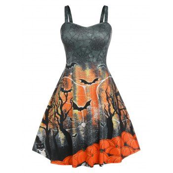 

Spider Web Bat Pumpkin Halloween Plus Size Dress, Gray