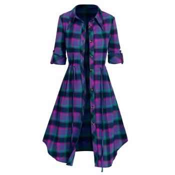 

Buttons Checkered Print Drawstring A Line Dress, Dark orchid