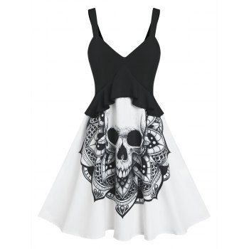 

Gothic Halloween Skull Print Contrast Peplum Flounce Cami A Line Dress, Black