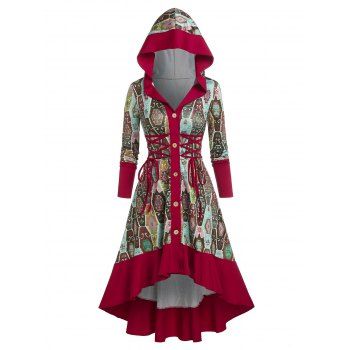 

Hooded Print Lace Up High Low Midi Dress, Deep red