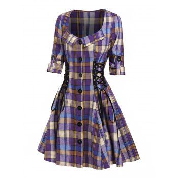 

Vintage Dress Plaid Print Lace-up Flare Shirt Dress Button Up Mini Dress, Purple