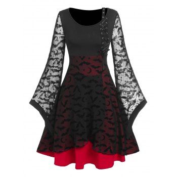 

Colorblock Bat-patterned Lace Flare Sleeve Lace-up Dress, Black