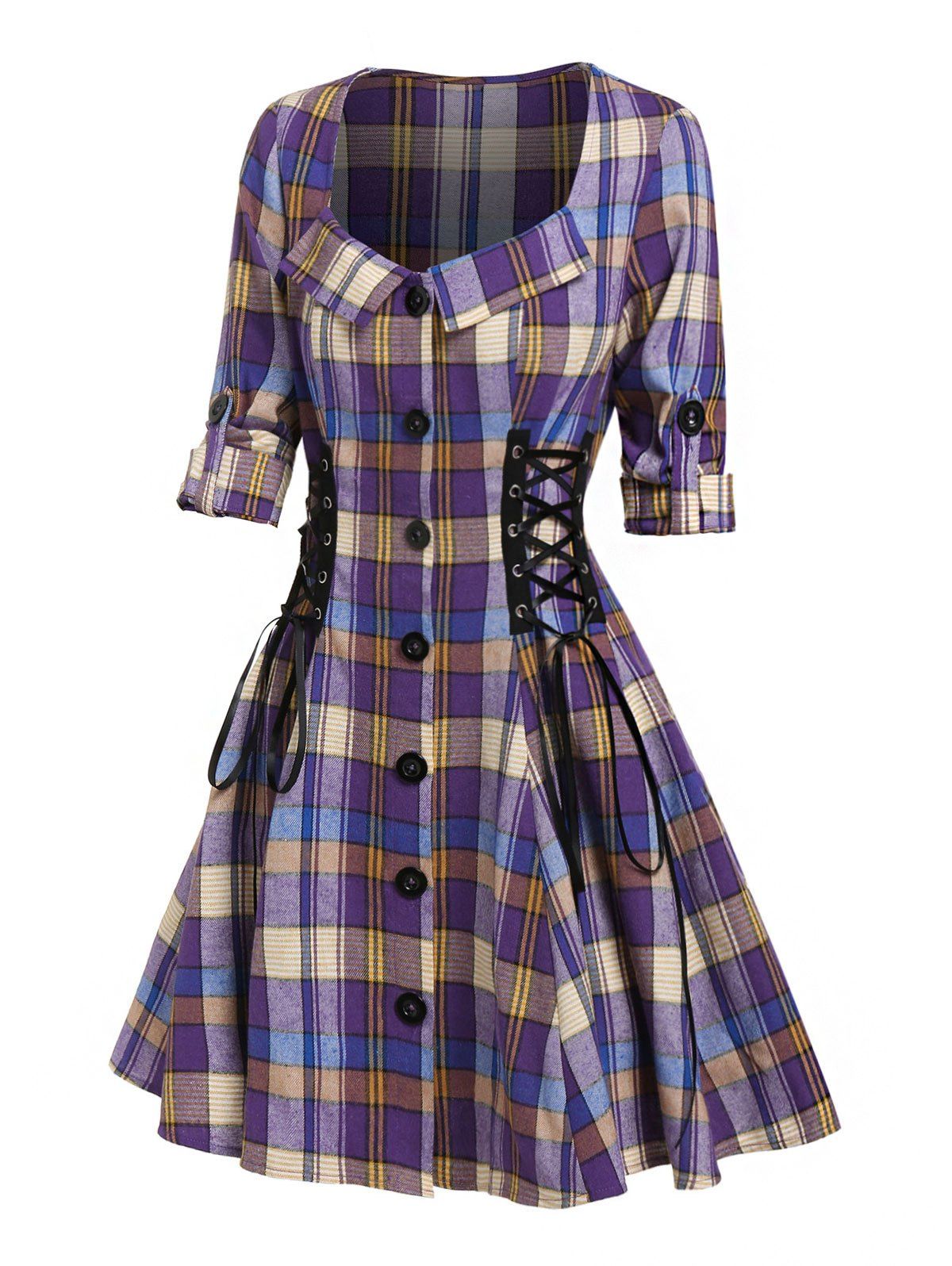 Vintage Dress Plaid Print Lace-up Flare Shirt Dress Button Up Mini Dress - PURPLE XXL
