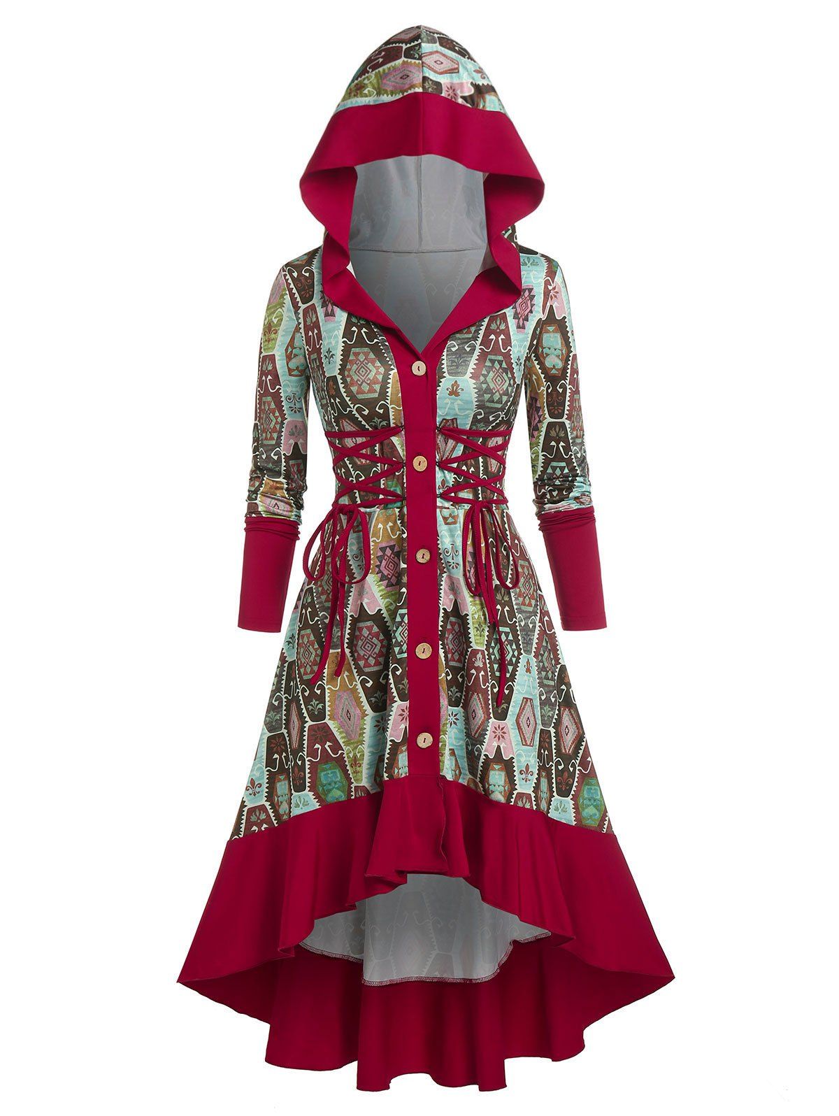 Hooded Print Lace Up High Low Midi Dress - DEEP RED XL