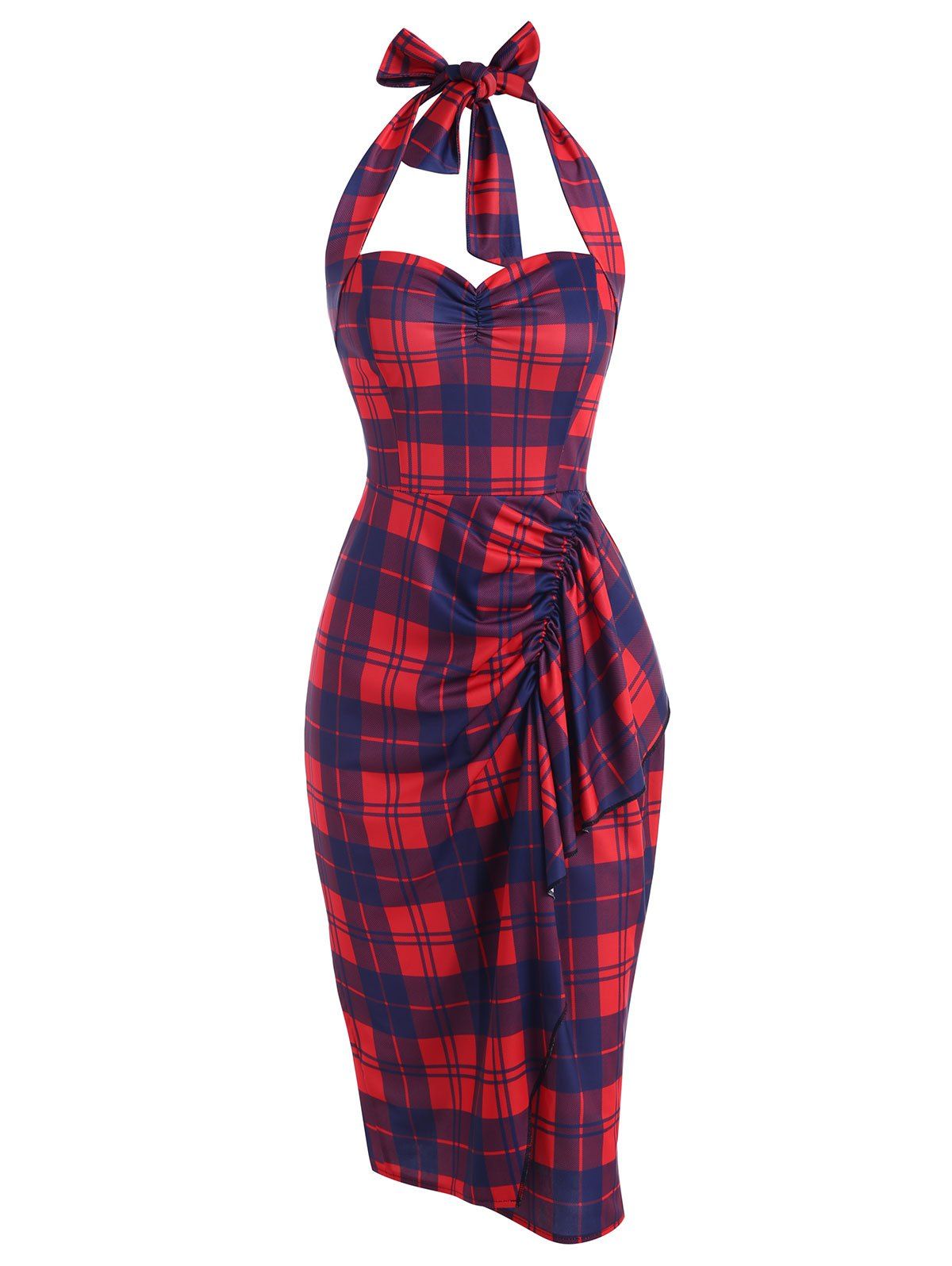 Plaid Halter Backless Ruffle Sheath Dress - RED XL