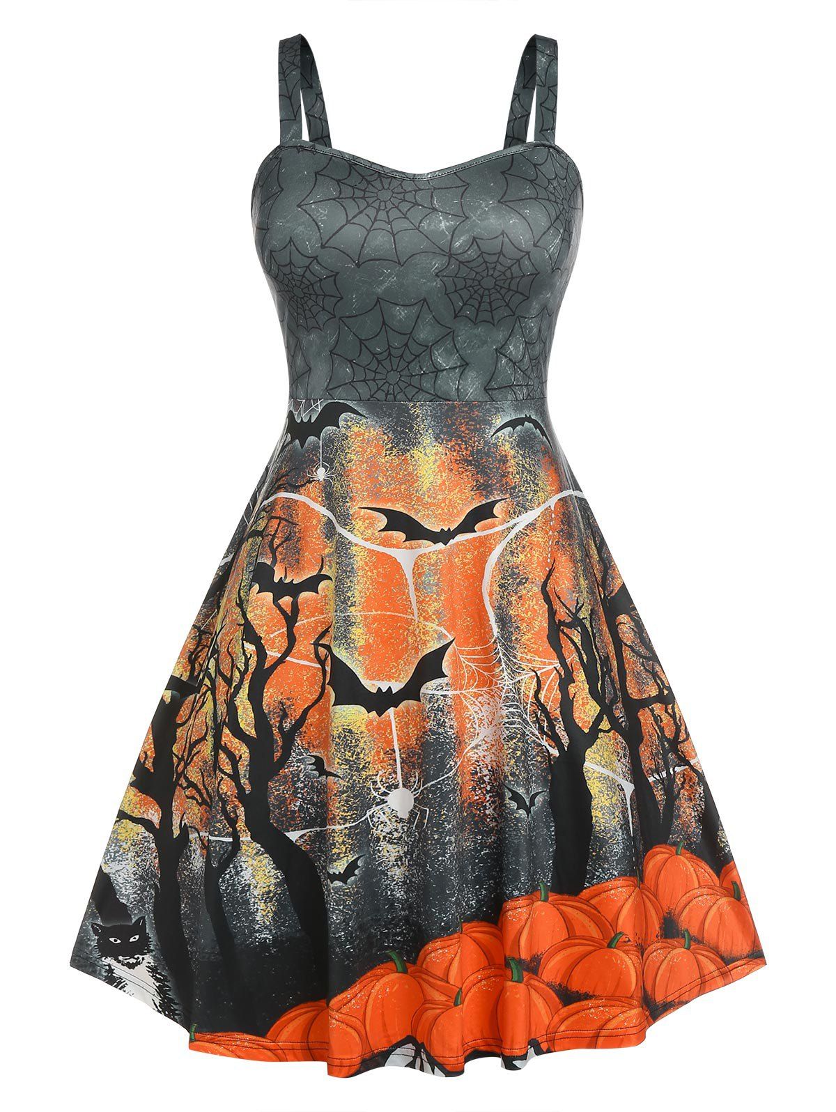Spider Web Bat Pumpkin Halloween Plus Size Dress - GRAY 2X