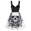 Gothic Halloween Skull Print Contrast Peplum Flounce Cami A Line Dress - BLACK XXL
