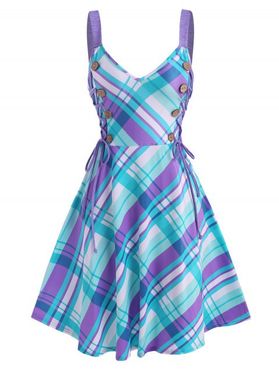 Vibrant Summer Plaid Print Sundress Lace Up Cami Fit and Flare Dress