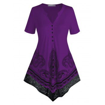 

Plus Size Paisley Half Placket Lace Hem Long Tee, Concord
