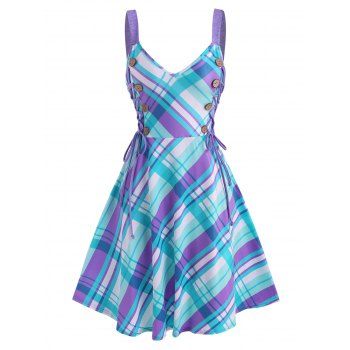 

Vibrant Summer Plaid Print Sundress Lace Up Cami Fit and Flare Dress, Multicolor