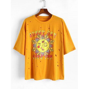 

Plus Size Sun Flower Print Drop Shoulder Distressed T Shirt, Yellow