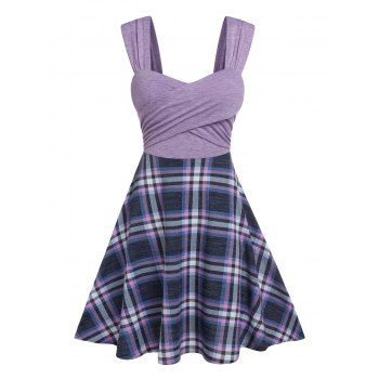 

Front Cross Ruched Plaid Pattern Dress, Light purple