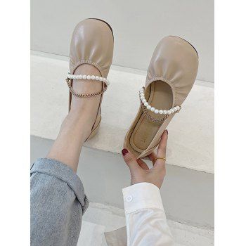 

Round-Toe Faux Pearl Chain Slip-On Shoes, Light khaki