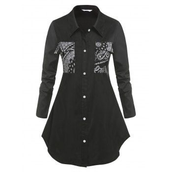 

Plus Size Paisley Print Pockets Shirt, Black