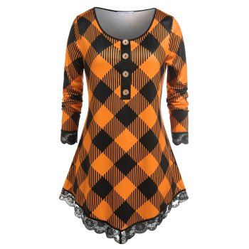 

Plus Size Plaid Eyelash Lace T-shirt, Orange