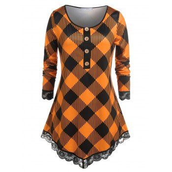 

Plus Size Plaid Eyelash Lace T-shirt, Orange