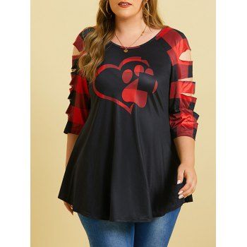 

Heart Claw Plaid Ladder Cutout Plus Size Top, Red