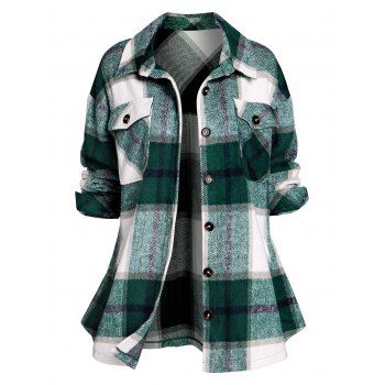 

Button Up Plaid Pattern Wool Blend Coat, Greenish blue