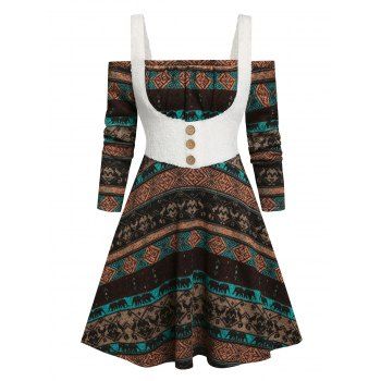 

Tribal Print Cold Shoulder Faux Twinset Fleece Dress, Coffee