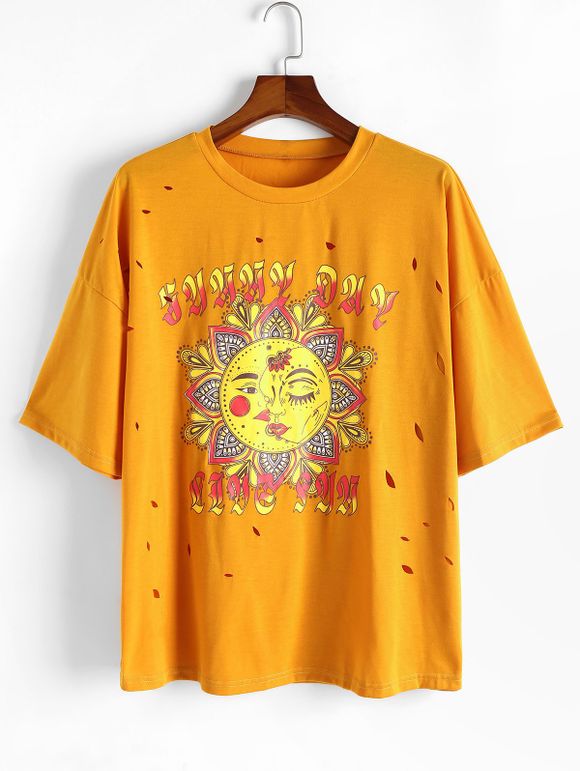 T-shirt Déchiré à Imprimé Fleur Soleil à Goutte Epaule de Grande Taille - Jaune 3XL