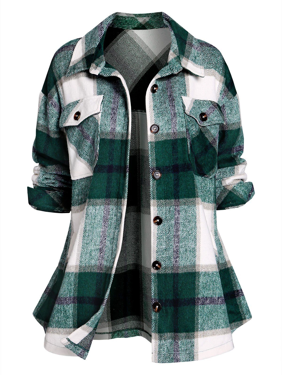 Button Up Plaid Pattern Wool Blend Coat - GREENISH BLUE 3XL