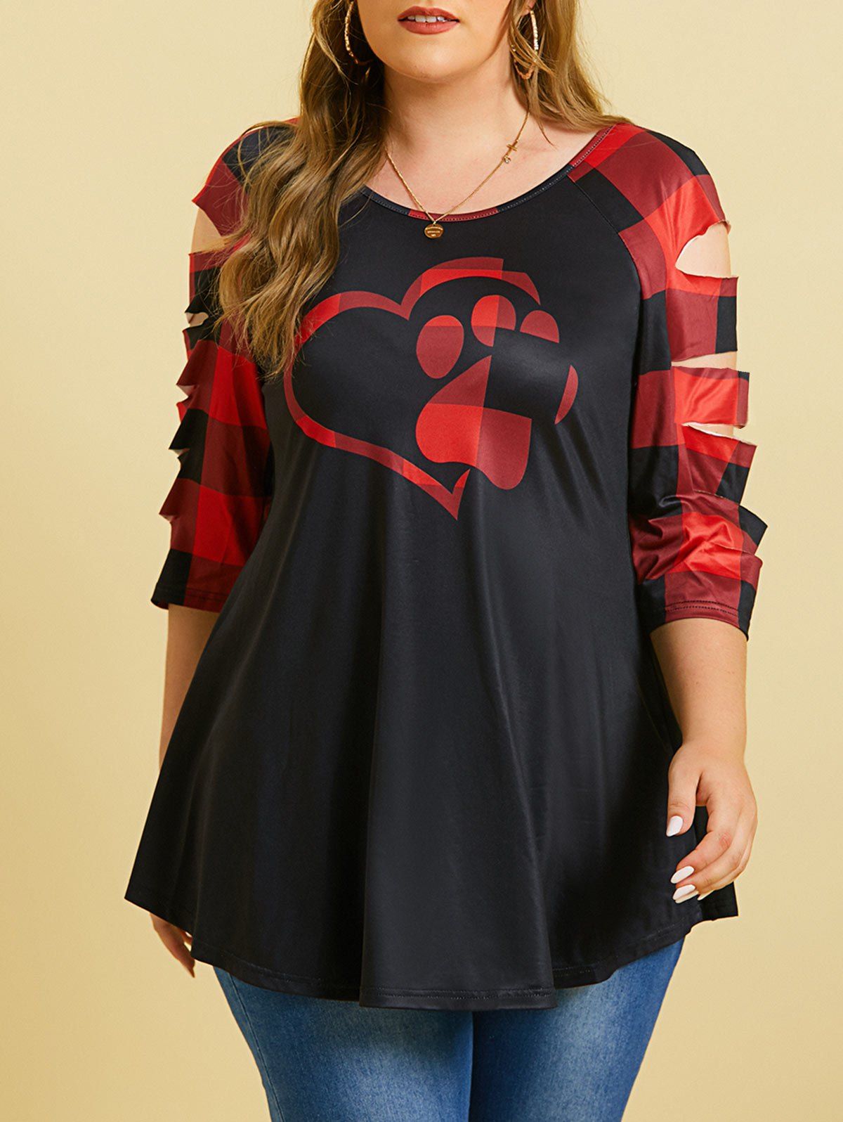 Heart Claw Plaid Ladder Cutout Plus Size Top - RED 1X