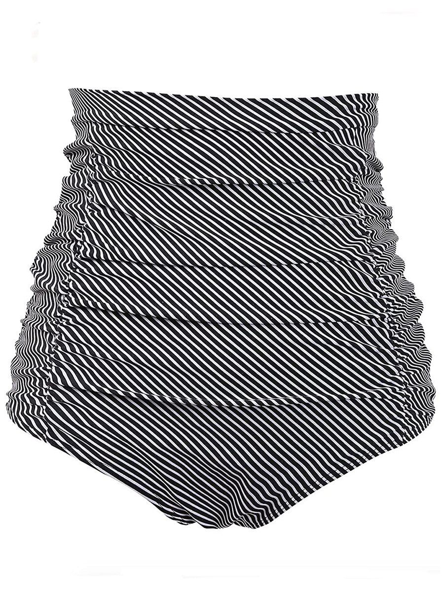 Plus Size Striped Ruched High Waist Bikini Bottom - BLACK L