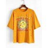 T-shirt Déchiré à Imprimé Fleur Soleil à Goutte Epaule de Grande Taille - Jaune L