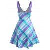 Vibrant Summer Plaid Print Sundress Lace Up Cami Fit and Flare Dress - multicolor XL