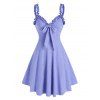Robe d'Eté Volantée à Taille Haute Col en V avec Nœud Papillon - Bleu clair XL