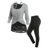 Ensemble de Pyjama Haut en Dentelle avec Trou de Serrure de Grande Taille et de T-Shirt - Gris Clair 2X