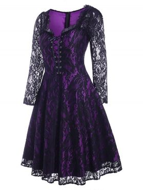 Vintage Gothic Lace Sheer Lace Up A Line Dress