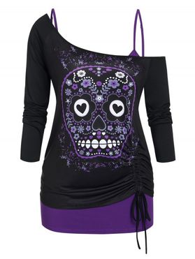 Plus Size Skull Skew Collar Cinched T-shirt and Cami Top Set