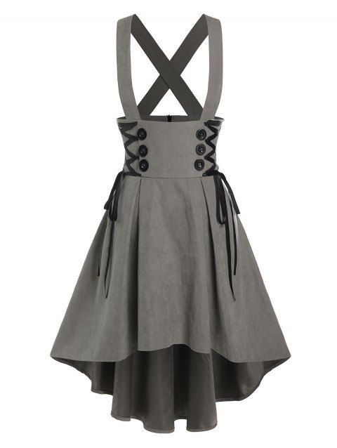 Mock Button Lace-up Suspender High Low Skirt