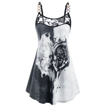 

Plus Size Lace Insert Chain Skull Print Tank Top, Black