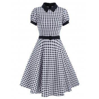 

Gingham Flat Collar Belted Retro Dress, Black