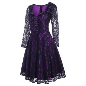 

Vintage Gothic Lace Sheer Lace Up A Line Dress, Purple