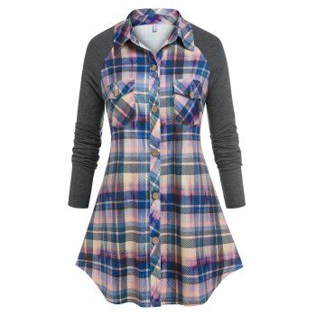 

Plus Size Pockets Plaid Raglan Sleeve Shirt, Gray