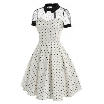 

Flat Collar Swiss-dot Mesh Yoke Polka Dot 1950s Dress, White