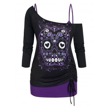 

Plus Size Skull Skew Collar Cinched T-shirt and Cami Top Set, Purple