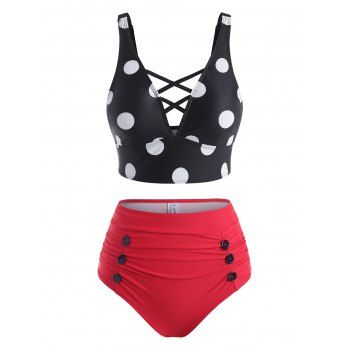 

Retro Polka Dot Lattice Ruched Tankini Swimwear, Black