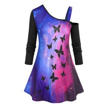 

Plus Size Butterfly Galaxy Tie Dye Skew Collar Tee, Black