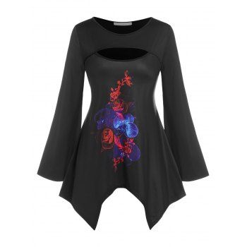 

Cutout Floral Print Handkerchief Tee, Black