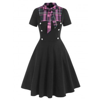 

Plaid Insert Bowknot Tie Collar Mock Button Dress, Black