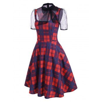 

Plaid Swiss Dot Bowknot Puff Sleeve Vintage Dress, Red