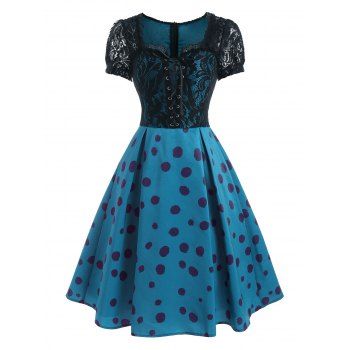 

Vintage Lace Sheer Polka Dot Lace Up Corset Style Puff Sleeve Flare Dress, Blue