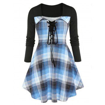 

Plus Size Lace Up Plaid Peplum T-shirt, Multicolor