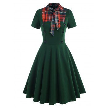 

Plaid Insert Bowknot Tie Collar Mock Button Dress, Deep green