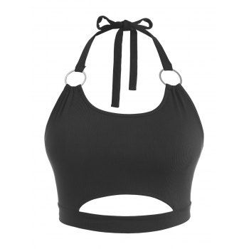 

Plus Size Halter Ribbed Rings Keyhole Cutout Top, Black